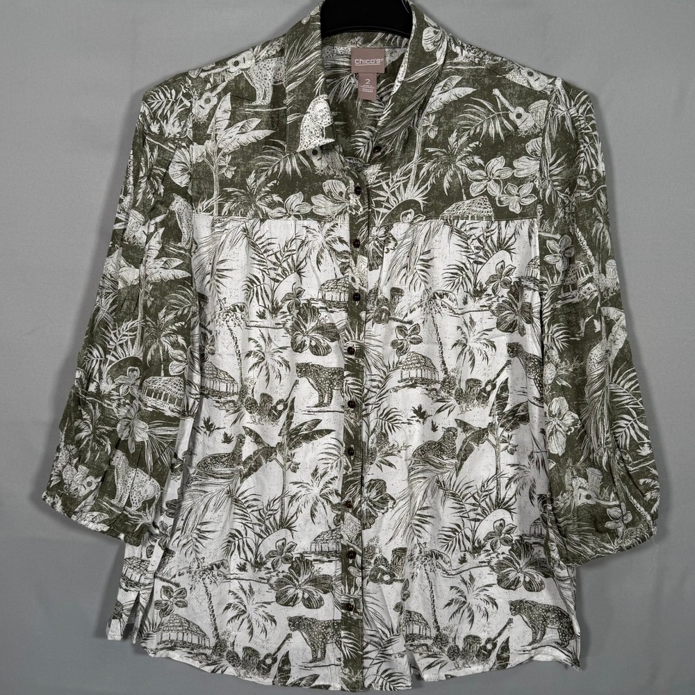 Chicos Womens Size 2 Olive Green‎ Tropical Safari Leopard Print Button Down Top